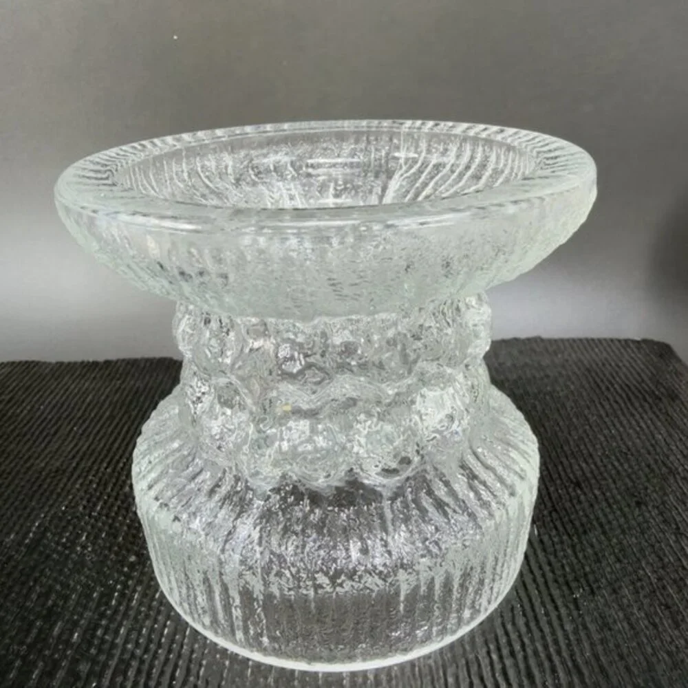 LE Smith Fjord‎ Glacial Glass Candle Holder Clear Double Sided Glass Votive VTG